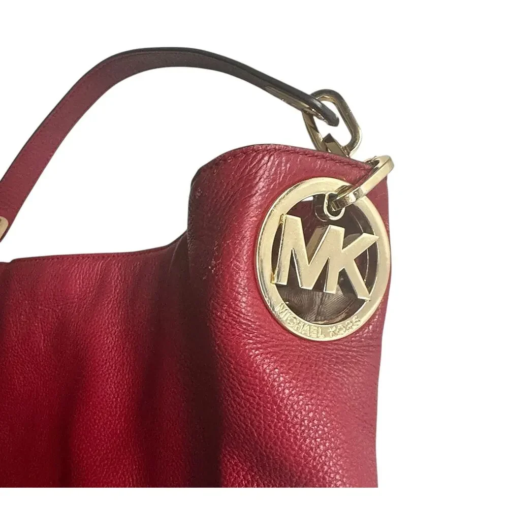 Michael Kors Fulton Hobo Dark Red Pebbled Leather Bag Gold Logo Slouchy Purse